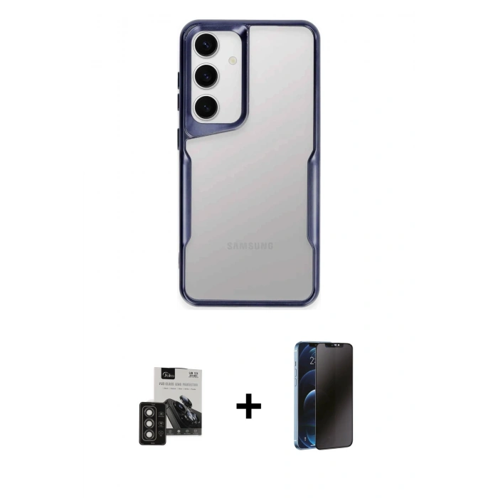 MARSİLYAN™- Galaxy S24 Kılıf Akış Çizgi Koleksiyonu - Siyah 3D Antistatik Hayalet Cam Ekran Koruyucu + PVD Metal Kamera Lens - TNGI