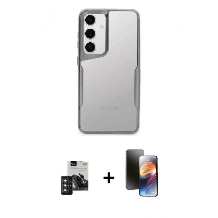 MARSİLYAN™- Galaxy S24 Kılıf Akış Çizgi Koleksiyonu - Siyah 3D Antistatik Mat Seramik Nano Ekran Koruyucu + PVD Metal Kamera Lens - DNMR