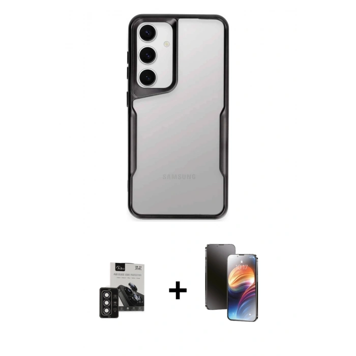 MARSİLYAN™- Galaxy S24 Kılıf Akış Çizgi Koleksiyonu - Siyah 3D Antistatik Mat Seramik Nano Ekran Koruyucu + PVD Metal Kamera Lens - DNMR
