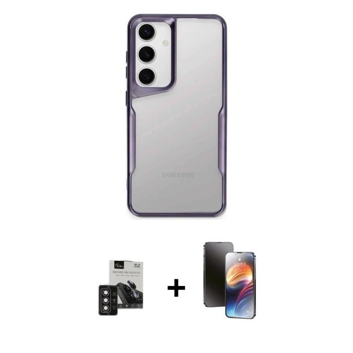 MARSİLYAN™- Galaxy S24 Kılıf Akış Çizgi Koleksiyonu - Siyah 3D Antistatik Mat Seramik Nano Ekran Koruyucu + PVD Metal Kamera Lens - DNMR