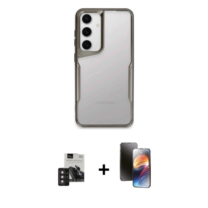 MARSİLYAN™- Galaxy S24 Kılıf Akış Çizgi Koleksiyonu - Siyah 3D Antistatik Mat Seramik Nano Ekran Koruyucu + PVD Metal Kamera Lens - DNMR