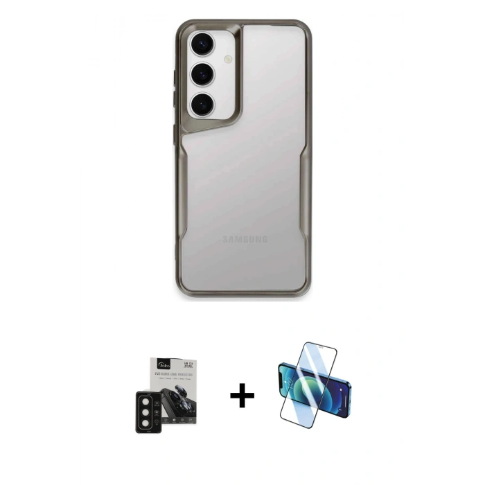 MARSİLYAN™- Galaxy S24 Kılıf Akış Çizgi Koleksiyonu - Siyah 3D Antistatik Seramik Nano Ekran Koruyucu + PVD Metal Kamera Lens - SH
