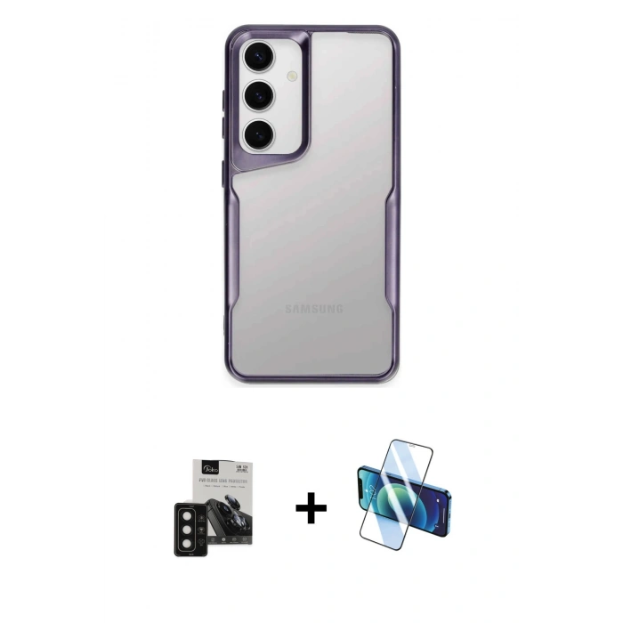 MARSİLYAN™- Galaxy S24 Kılıf Akış Çizgi Koleksiyonu - Siyah 3D Antistatik Seramik Nano Ekran Koruyucu + PVD Metal Kamera Lens - SH