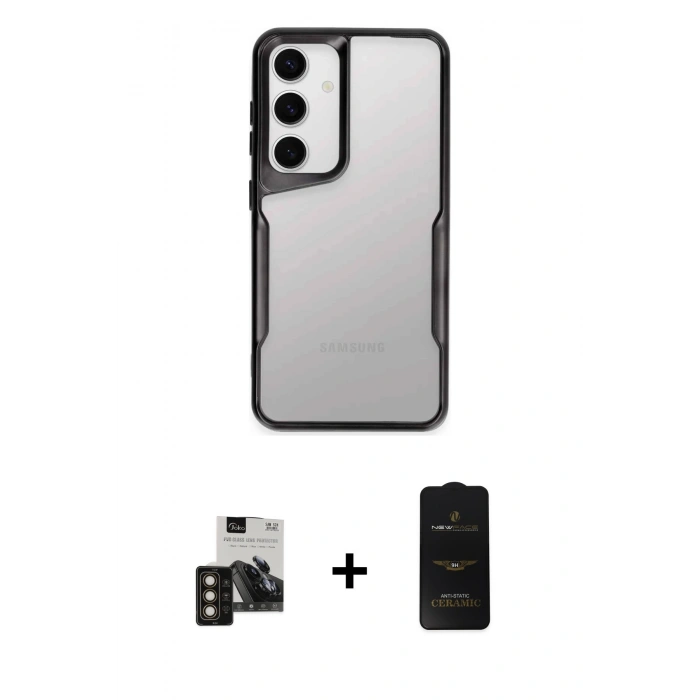 MARSİLYAN™- Galaxy S24 Kılıf Akış Çizgi Koleksiyonu - Siyah 6D Antistatik Mat Seramik Hayalet Nano Ekran Koruyucu + PVD Metal Kamera Lens - GD