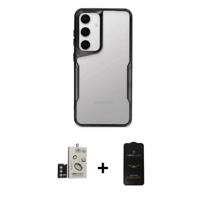 MARSİLYAN™- Galaxy S24 Kılıf Akış Çizgi Koleksiyonu - Siyah 6D Antistatik Mat Seramik Hayalet Nano Ekran Koruyucu + Bilvis Titan Kamera Lens - GD