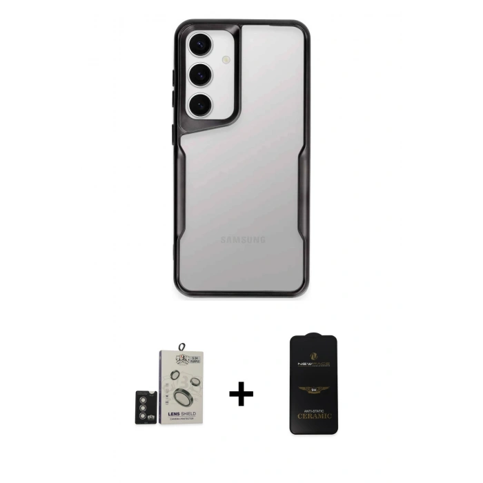 MARSİLYAN™- Galaxy S24 Kılıf Akış Çizgi Koleksiyonu - Siyah 6D Antistatik Mat Seramik Hayalet Nano Ekran Koruyucu + Bilvis Titan Kamera Lens - DNMR