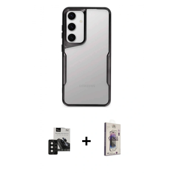 MARSİLYAN™- Galaxy S24 Kılıf Akış Çizgi Koleksiyonu - Siyah Bilvis 3D Cam Ekran Koruyucu + PVD Metal Kamera Lens - SH