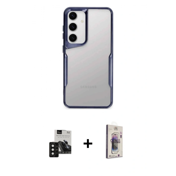 MARSİLYAN™- Galaxy S24 Kılıf Akış Çizgi Koleksiyonu - Siyah Bilvis 3D Cam Ekran Koruyucu + PVD Metal Kamera Lens - SH
