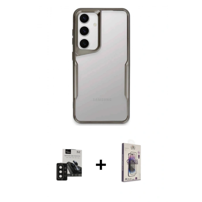 MARSİLYAN™- Galaxy S24 Kılıf Akış Çizgi Koleksiyonu - Siyah Bilvis 3D Cam Ekran Koruyucu + PVD Metal Kamera Lens - SH