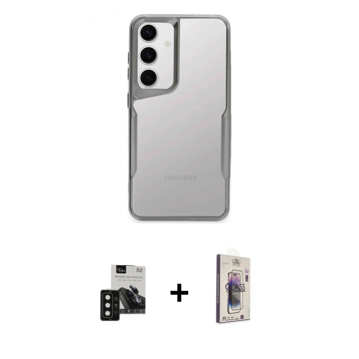 MARSİLYAN™- Galaxy S24 Kılıf Akış Çizgi Koleksiyonu - Siyah Bilvis 3D Cam Ekran Koruyucu + PVD Metal Kamera Lens - SH