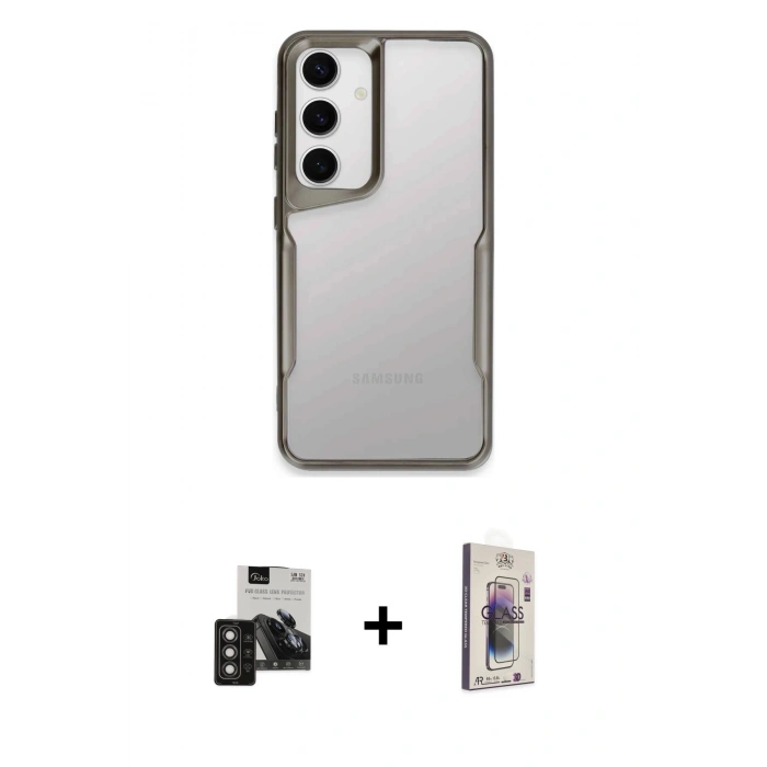 MARSİLYAN™- Galaxy S24 Kılıf Akış Çizgi Koleksiyonu - Siyah Bilvis 3D Cam Ekran Koruyucu + PVD Metal Kamera Lens - TNGI