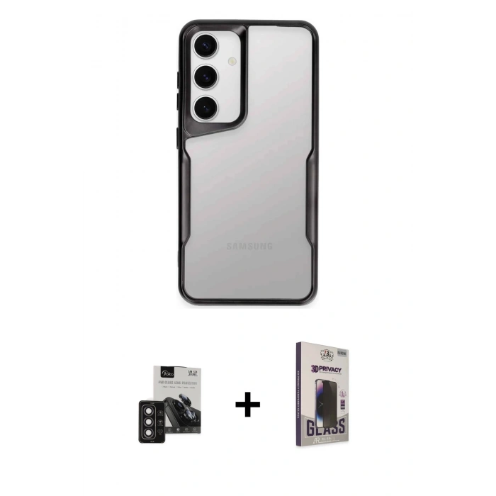 MARSİLYAN™- Galaxy S24 Kılıf Akış Çizgi Koleksiyonu - Siyah Bilvis Hayalet Cam Ekran Koruyucu + PVD Metal Kamera Lens - DNMR