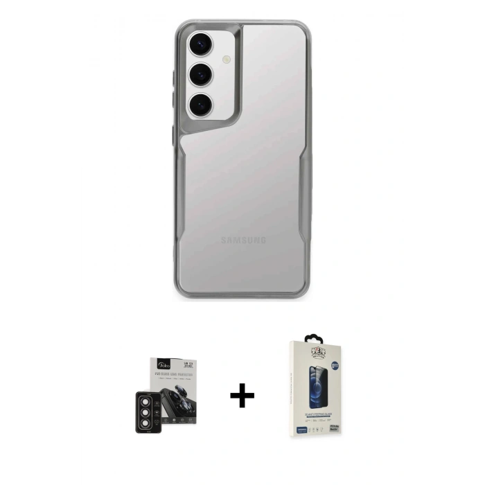MARSİLYAN™- Galaxy S24 Kılıf Akış Çizgi Koleksiyonu - Siyah Bilvis Hayalet Cam Ekran Koruyucu + PVD Metal Kamera Lens - DNMR