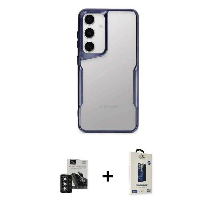 MARSİLYAN™- Galaxy S24 Kılıf Akış Çizgi Koleksiyonu - Siyah Bilvis Hayalet Cam Ekran Koruyucu + PVD Metal Kamera Lens - DNMR