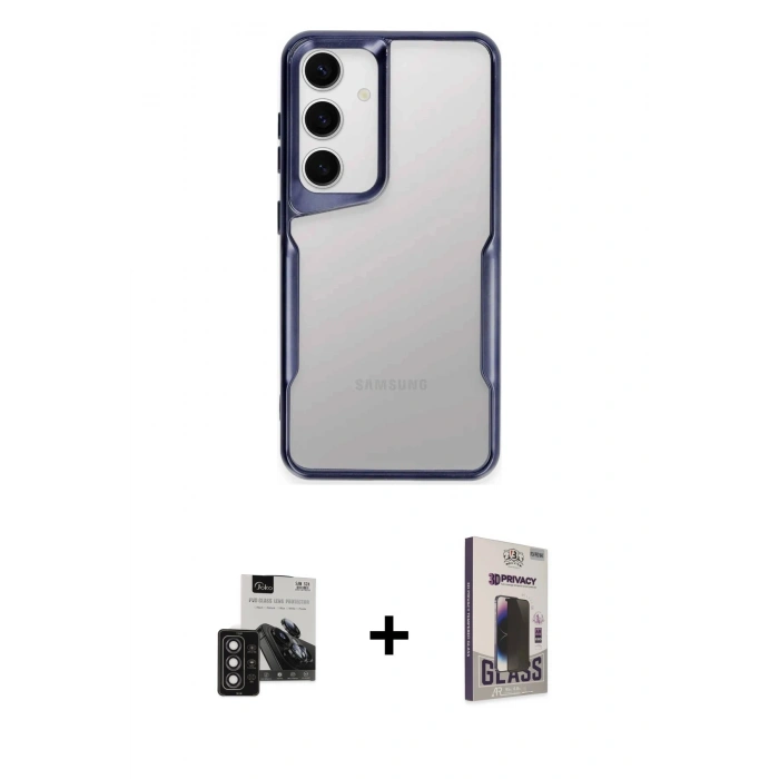 MARSİLYAN™- Galaxy S24 Kılıf Akış Çizgi Koleksiyonu - Siyah Bilvis Hayalet Cam Ekran Koruyucu + PVD Metal Kamera Lens - DNMR