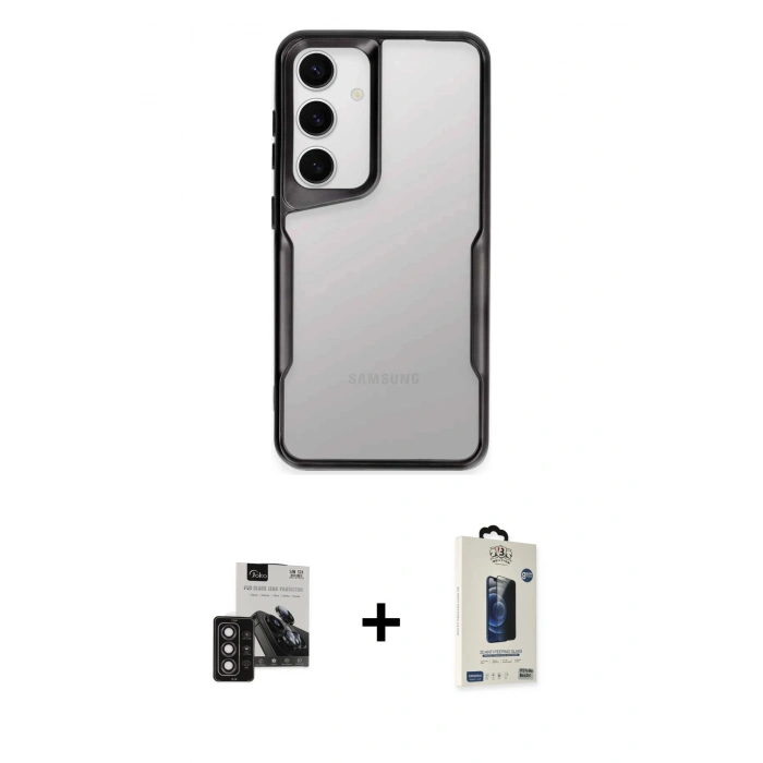 MARSİLYAN™- Galaxy S24 Kılıf Akış Çizgi Koleksiyonu - Siyah Bilvis Hayalet Cam Ekran Koruyucu + PVD Metal Kamera Lens - DNMR