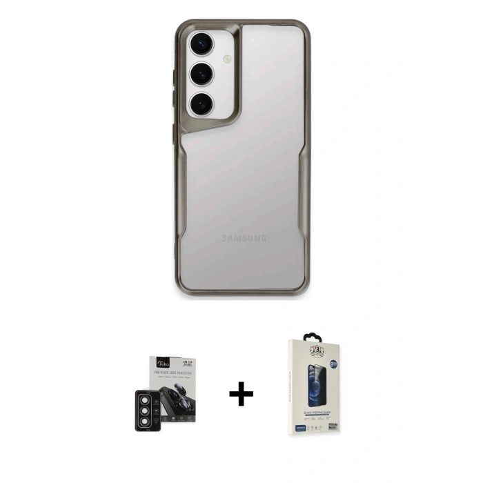 MARSİLYAN™- Galaxy S24 Kılıf Akış Çizgi Koleksiyonu - Siyah Bilvis Hayalet Cam Ekran Koruyucu + PVD Metal Kamera Lens - DNMR