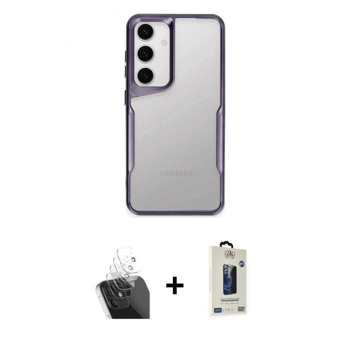 MARSİLYAN™- Galaxy S24 Kılıf Akış Çizgi Koleksiyonu - Siyah Bilvis Hayalet Cam Ekran Koruyucu + Kamera Lens Koruma Cam - SF