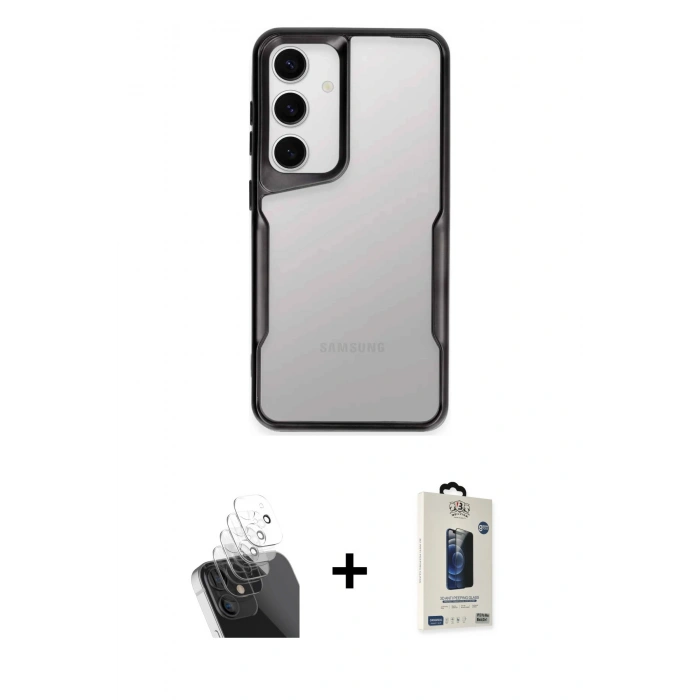 MARSİLYAN™- Galaxy S24 Kılıf Akış Çizgi Koleksiyonu - Siyah Bilvis Hayalet Cam Ekran Koruyucu + Kamera Lens Koruma Cam - SF