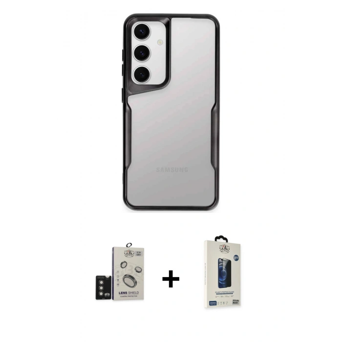 MARSİLYAN™- Galaxy S24 Kılıf Akış Çizgi Koleksiyonu - Siyah Bilvis Hayalet Cam Ekran Koruyucu + Bilvis Titan Kamera Lens - TMGI