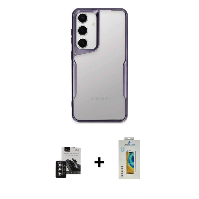 MARSİLYAN™- Galaxy S24 Kılıf Akış Çizgi Koleksiyonu - Siyah Polymer Nano Ekran Koruyucu + PVD Metal Kamera Lens - DNMR