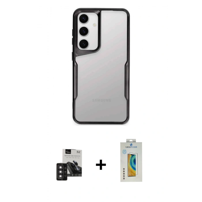 MARSİLYAN™- Galaxy S24 Kılıf Akış Çizgi Koleksiyonu - Siyah Polymer Nano Ekran Koruyucu + PVD Metal Kamera Lens - DNMR