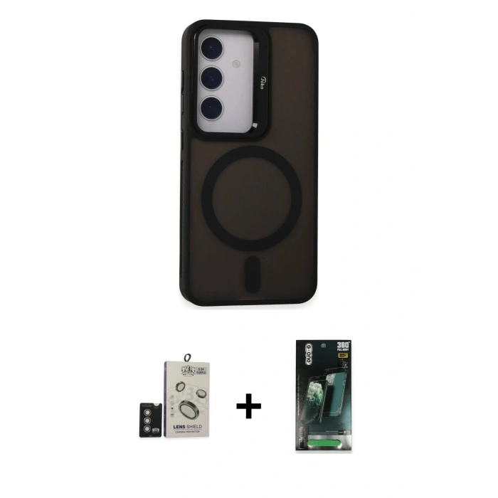 MARSİLYAN™- Galaxy S24 Kılıf Akış Form - Siyah 360 Mat Full Body Arka Koruyucu + Bilvis Titan Kamera Lens - DNMR