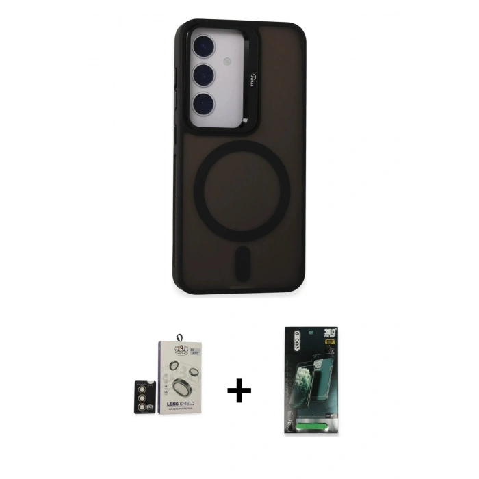 MARSİLYAN™- Galaxy S24 Kılıf Akış Form - Siyah 360 Mat Full Body Arka Koruyucu + Bilvis Titan Kamera Lens - GD