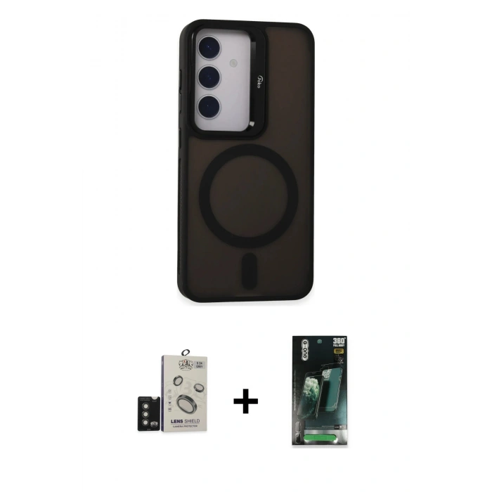 MARSİLYAN™- Galaxy S24 Kılıf Akış Form - Siyah 360 Mat Full Body Arka Koruyucu + Bilvis Titan Kamera Lens - TMGI