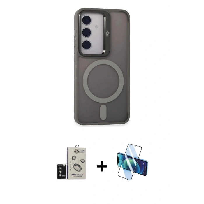 MARSİLYAN™- Galaxy S24 Kılıf Akış Form - Siyah 3D Antistatik Cam Ekran Koruyucu + Bilvis Titan Kamera Lens - TMGI