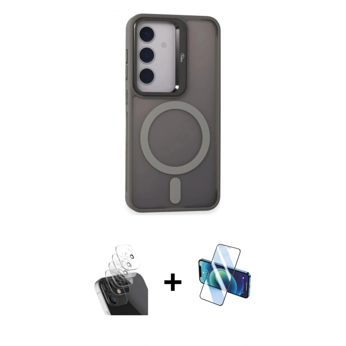 MARSİLYAN™- Galaxy S24 Kılıf Akış Form - Siyah 3D Antistatik Cam Ekran Koruyucu + Kamera Lens Koruma Cam - SF