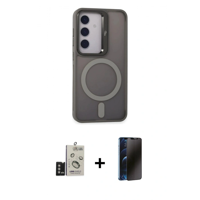 MARSİLYAN™- Galaxy S24 Kılıf Akış Form - Siyah 3D Antistatik Hayalet Cam Ekran Koruyucu + Bilvis Titan Kamera Lens - DNMR