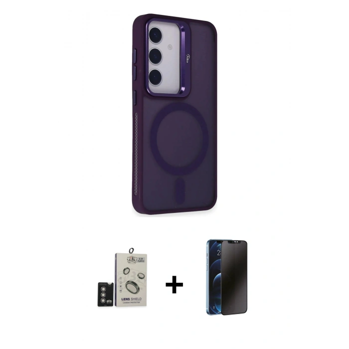 MARSİLYAN™- Galaxy S24 Kılıf Akış Form - Siyah 3D Antistatik Hayalet Cam Ekran Koruyucu + Bilvis Titan Kamera Lens - DNMR