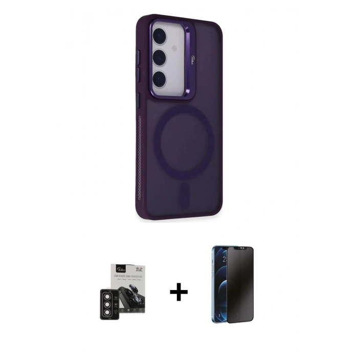 MARSİLYAN™- Galaxy S24 Kılıf Akış Form - Siyah 3D Antistatik Hayalet Cam Ekran Koruyucu + PVD Metal Kamera Lens - DNMR