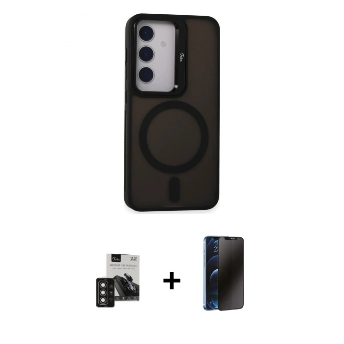 MARSİLYAN™- Galaxy S24 Kılıf Akış Form - Siyah 3D Antistatik Hayalet Cam Ekran Koruyucu + PVD Metal Kamera Lens - DNMR