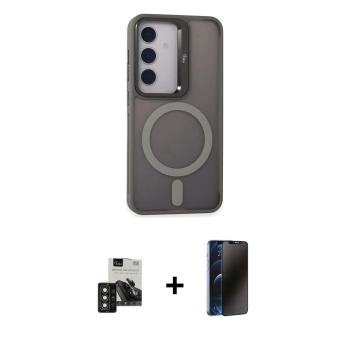 MARSİLYAN™- Galaxy S24 Kılıf Akış Form - Siyah 3D Antistatik Hayalet Cam Ekran Koruyucu + PVD Metal Kamera Lens - DNMR