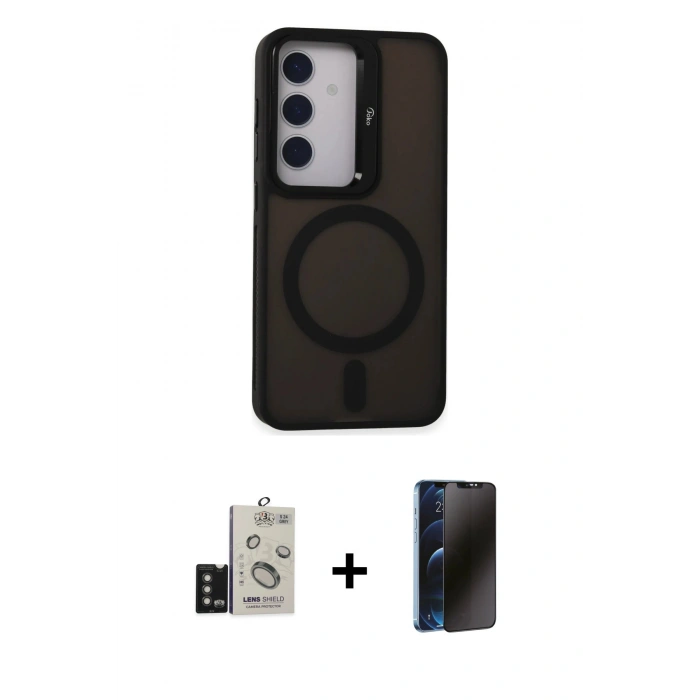 MARSİLYAN™- Galaxy S24 Kılıf Akış Form - Siyah 3D Antistatik Hayalet Cam Ekran Koruyucu + Bilvis Titan Kamera Lens - TMGI