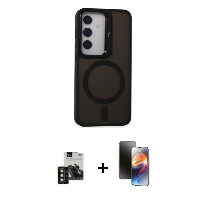 MARSİLYAN™- Galaxy S24 Kılıf Akış Form - Siyah 3D Antistatik Mat Seramik Nano Ekran Koruyucu + PVD Metal Kamera Lens - GD