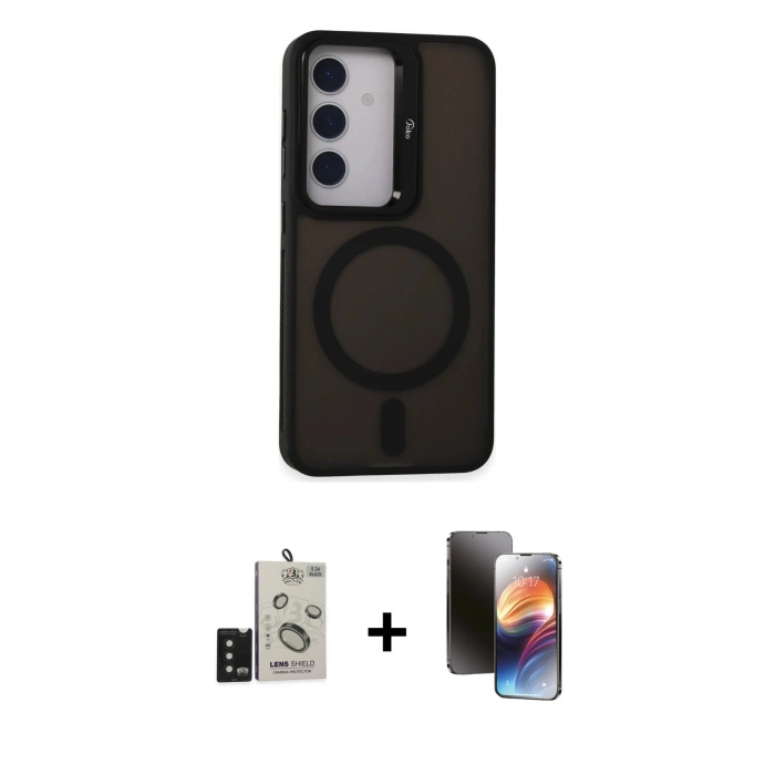 MARSİLYAN™- Galaxy S24 Kılıf Akış Form - Siyah 3D Antistatik Mat Seramik Nano Ekran Koruyucu + Bilvis Titan Kamera Lens - SH