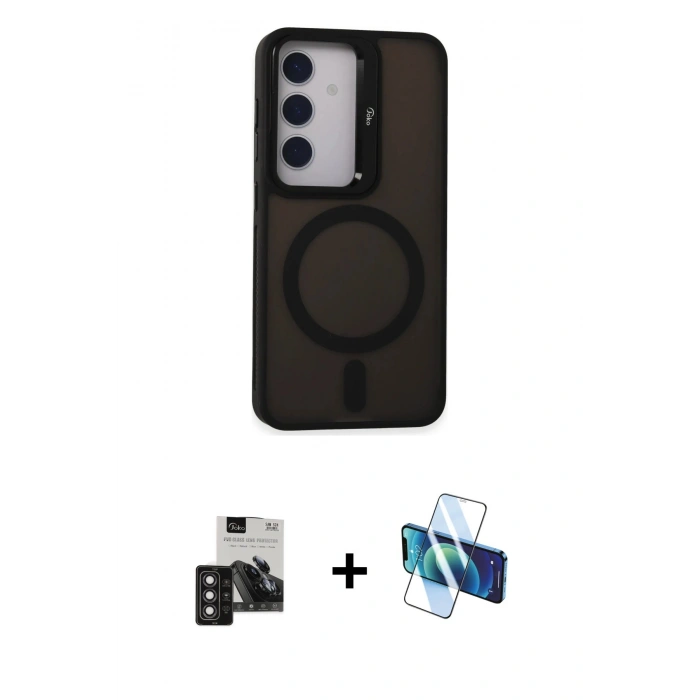 MARSİLYAN™- Galaxy S24 Kılıf Akış Form - Siyah 3D Antistatik Seramik Nano Ekran Koruyucu + PVD Metal Kamera Lens - DNMR