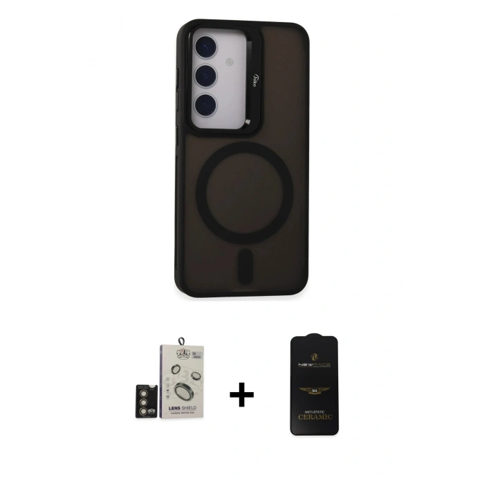 MARSİLYAN™- Galaxy S24 Kılıf Akış Form - Siyah 6D Antistatik Mat Seramik Hayalet Nano Ekran Koruyucu + Bilvis Titan Kamera Lens - GD