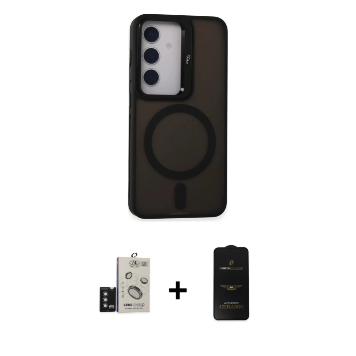 MARSİLYAN™- Galaxy S24 Kılıf Akış Form - Siyah 6D Antistatik Mat Seramik Hayalet Nano Ekran Koruyucu + Bilvis Titan Kamera Lens - TMGI