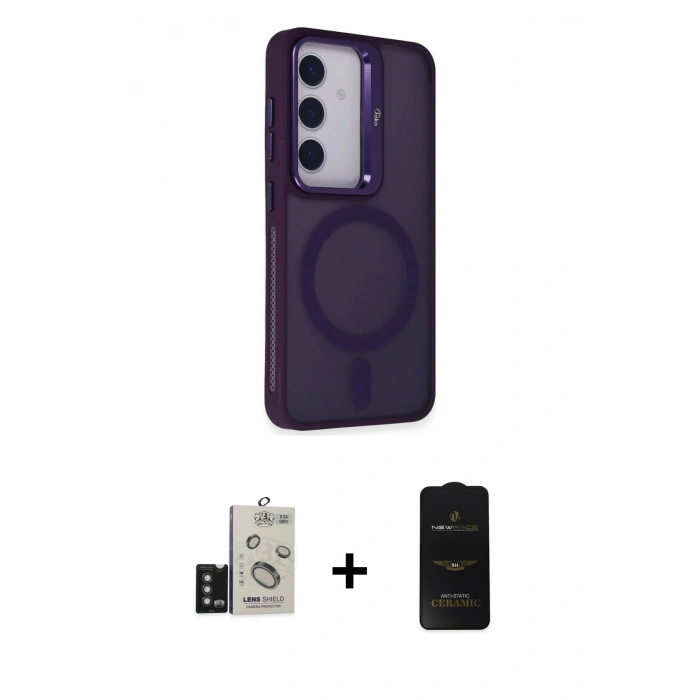 MARSİLYAN™- Galaxy S24 Kılıf Akış Form - Siyah 6D Antistatik Mat Seramik Hayalet Nano Ekran Koruyucu + Bilvis Titan Kamera Lens - TMGI