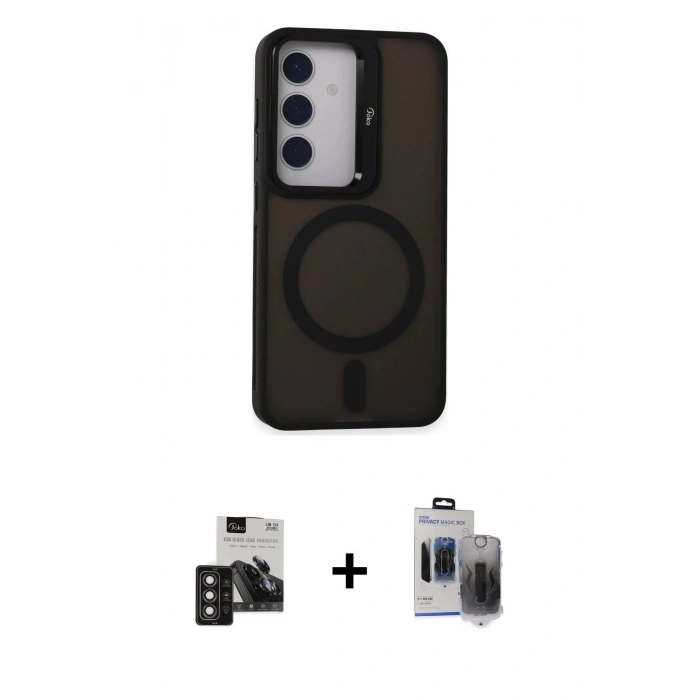 MARSİLYAN™- Galaxy S24 Kılıf Akış Form - Siyah Vanessa Magic Hayalet Cam + PVD Metal Kamera Lens - DNMR