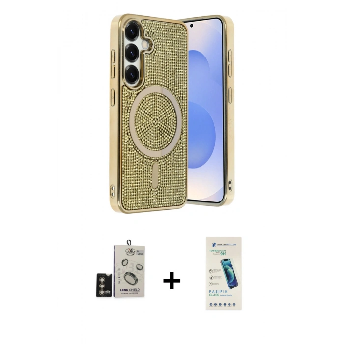 MARSİLYAN™- Galaxy S24 Kılıf Eksen Çizgi - Şeffaf Pasifik Cam Ekran Koruyucu + Bilvis Titan Kamera Lens - GD