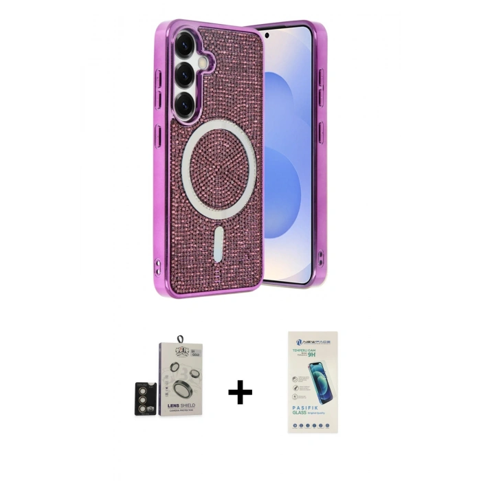 MARSİLYAN™- Galaxy S24 Kılıf Eksen Çizgi - Şeffaf Pasifik Cam Ekran Koruyucu + Bilvis Titan Kamera Lens - GD