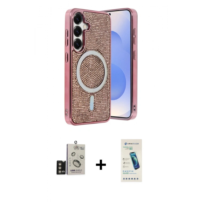 MARSİLYAN™- Galaxy S24 Kılıf Eksen Çizgi - Şeffaf Pasifik Cam Ekran Koruyucu + Bilvis Titan Kamera Lens - GD