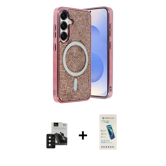 MARSİLYAN™- Galaxy S24 Kılıf Eksen Çizgi - Şeffaf Pasifik Cam Ekran Koruyucu + PVD Metal Kamera Lens - SH