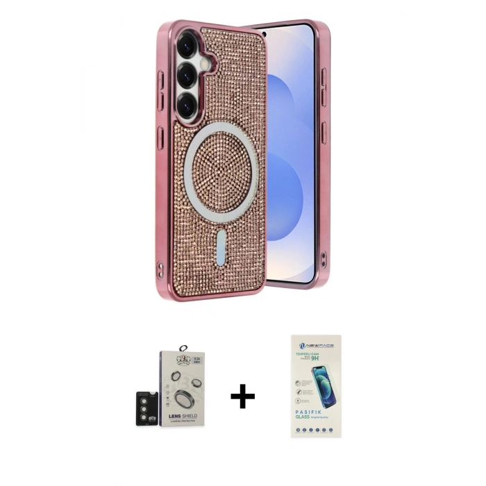 MARSİLYAN™- Galaxy S24 Kılıf Eksen Çizgi - Şeffaf Pasifik Cam Ekran Koruyucu + Bilvis Titan Kamera Lens - TMGI