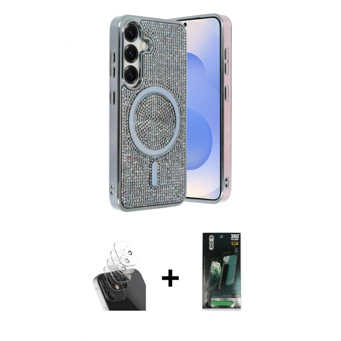 MARSİLYAN™- Galaxy S24 Kılıf Eksen Çizgi - Siyah 360 Mat Full Body Arka Koruyucu + Kamera Lens Koruma Cam - SF